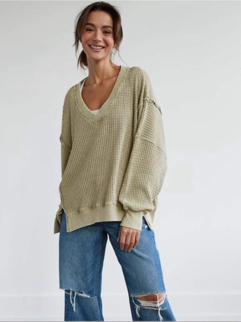 AE Big Hug V-Neck Waffle Sweatshirt - Faded Olive